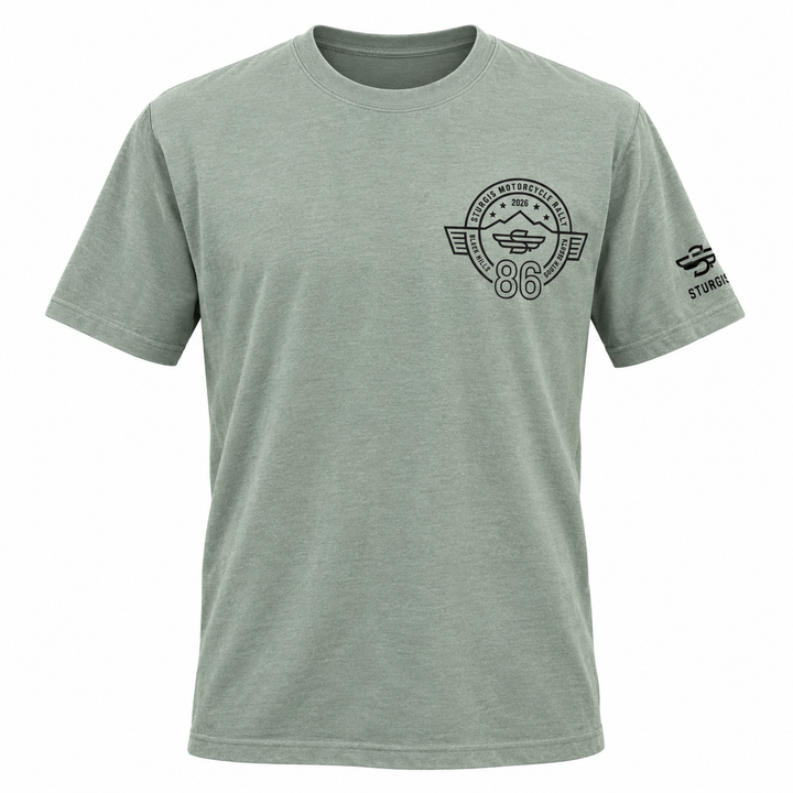 Sturgis 2026 official sage green T-shirt with black Winged-S 86th rally logo — front view