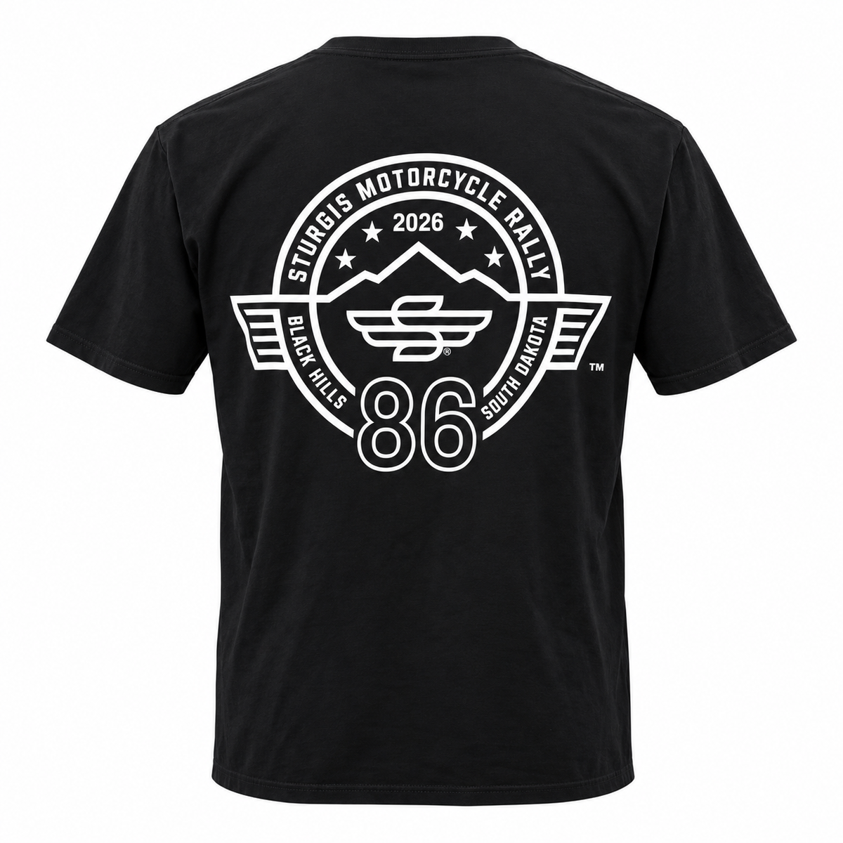 Sturgis 2026 official black white Winged-S logo T-shirt — back view