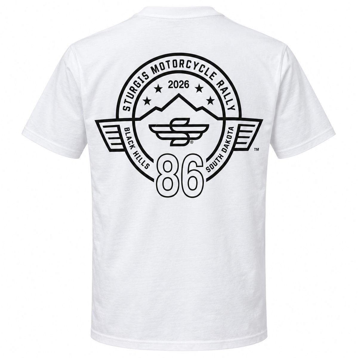 Sturgis 2026 official white T-shirt with large black Winged-S 86th rally logo — back view