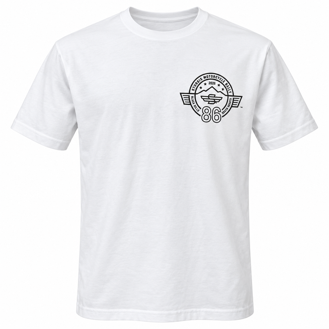 Sturgis 2026 official white T-shirt with black Winged-S rally logo — front view