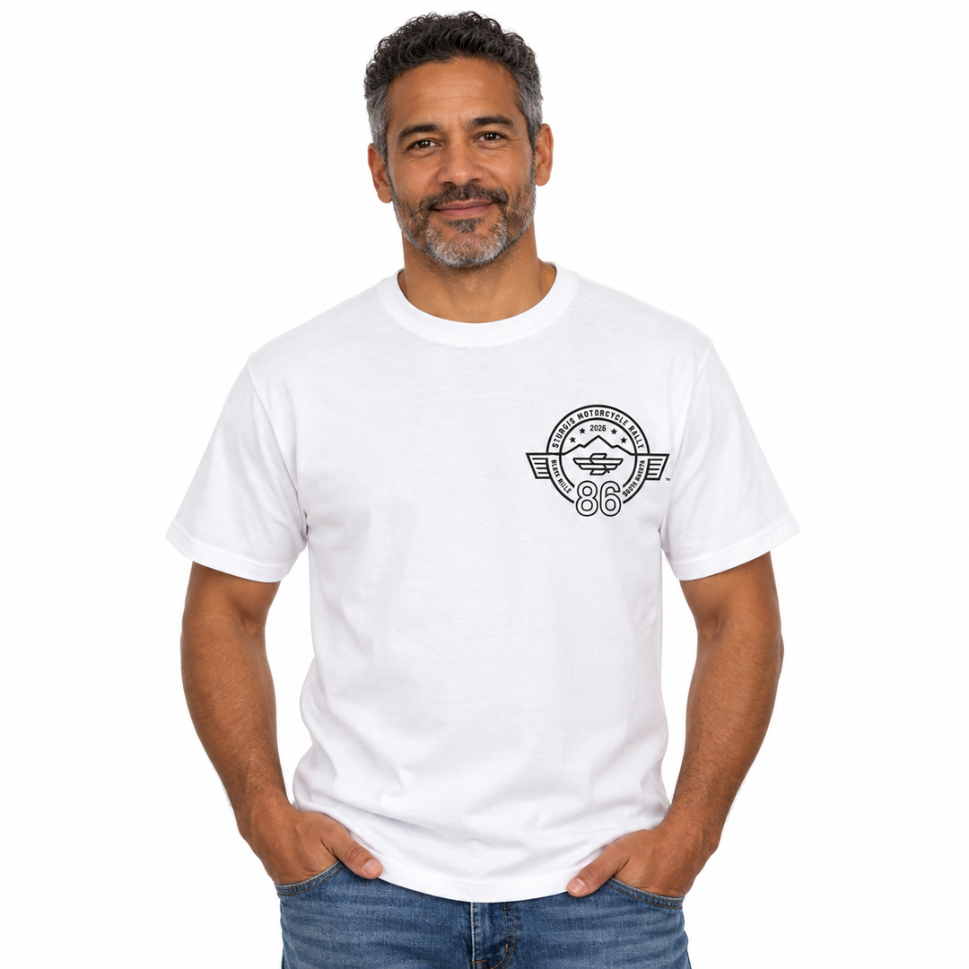 Sturgis 2026 official white T-shirt with black Winged-S rally logo — model front view