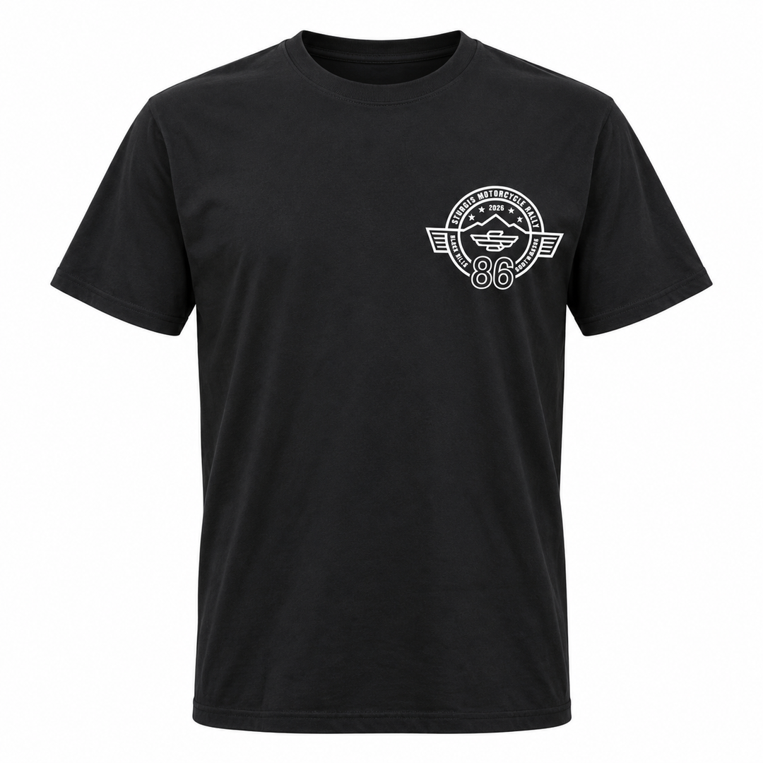 Sturgis 2026 official black white Winged-S logo T-shirt — front view