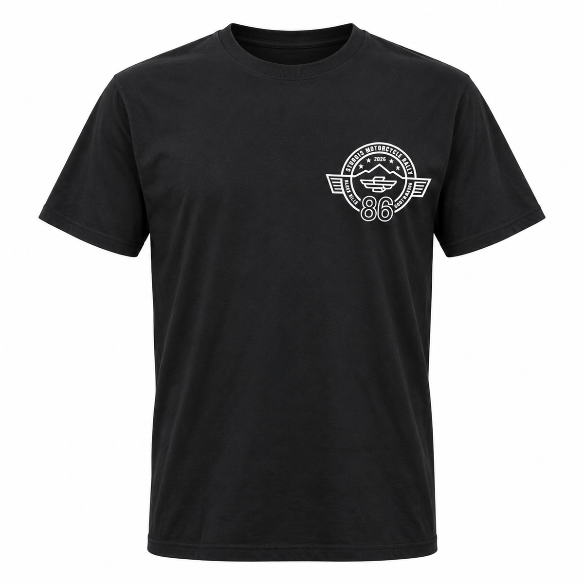 Sturgis 2026 official black white Winged-S logo T-shirt — front view