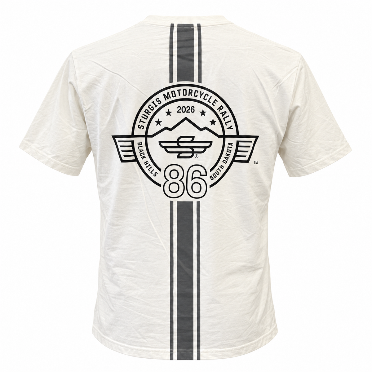 Sturgis 2026 official white and gray Racing Stripes T-shirt with black Winged-S logo — back view