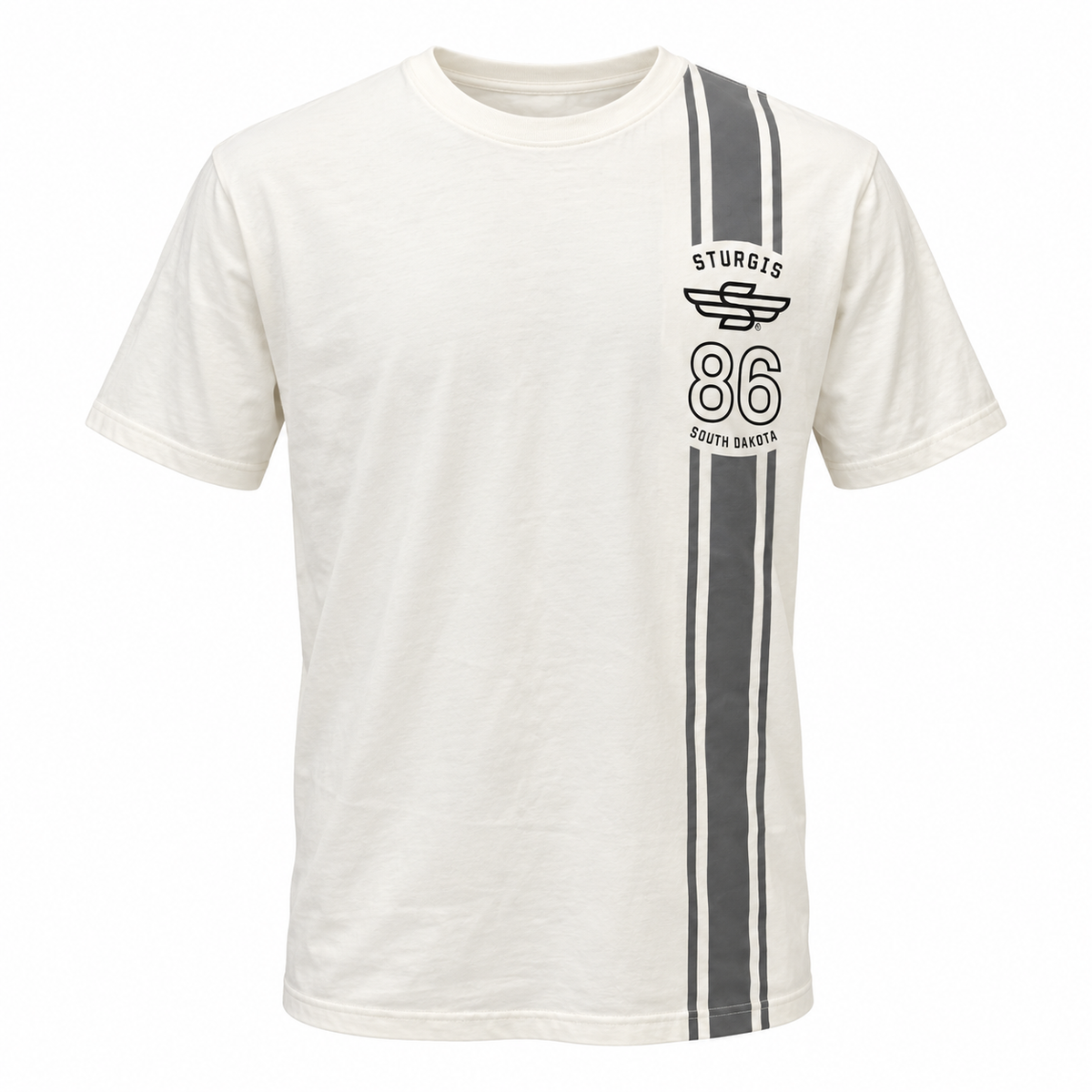 Sturgis 2026 official white and gray Racing Stripes T-shirt with black Winged-S logo — front view