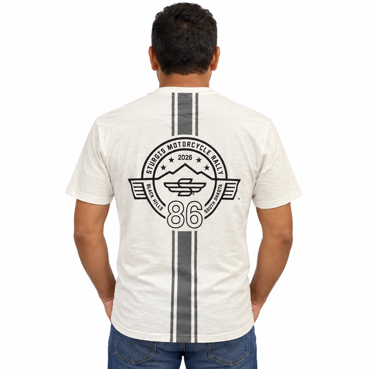 Sturgis 2026 official white and gray Racing Stripes T-shirt with black Winged-S rally badge — model back view