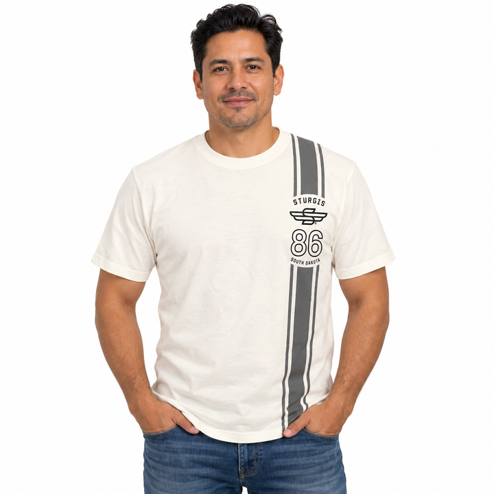 Sturgis 2026 official white and gray Racing Stripes T-shirt with black Winged-S logo — model front view