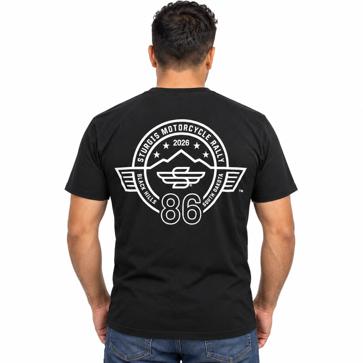 Sturgis 2026 official black white Winged-S logo T-shirt — model back view