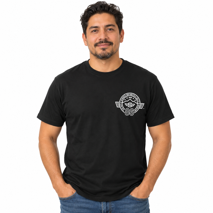 Sturgis 2026 official black white Winged-S logo T-shirt — model front view