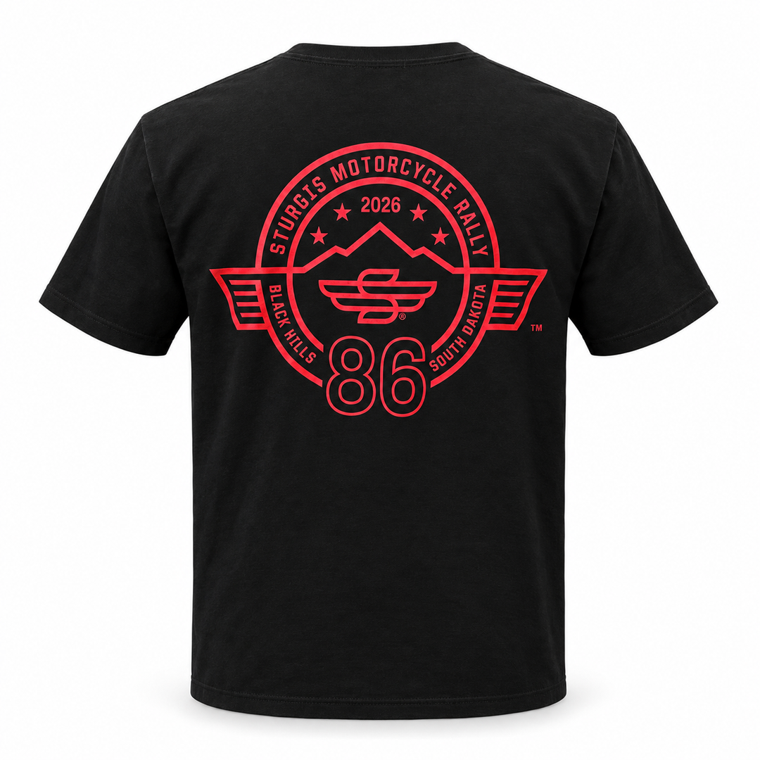 Black Sturgis 2026 official 86th rally T-shirt with large red Winged-S back design