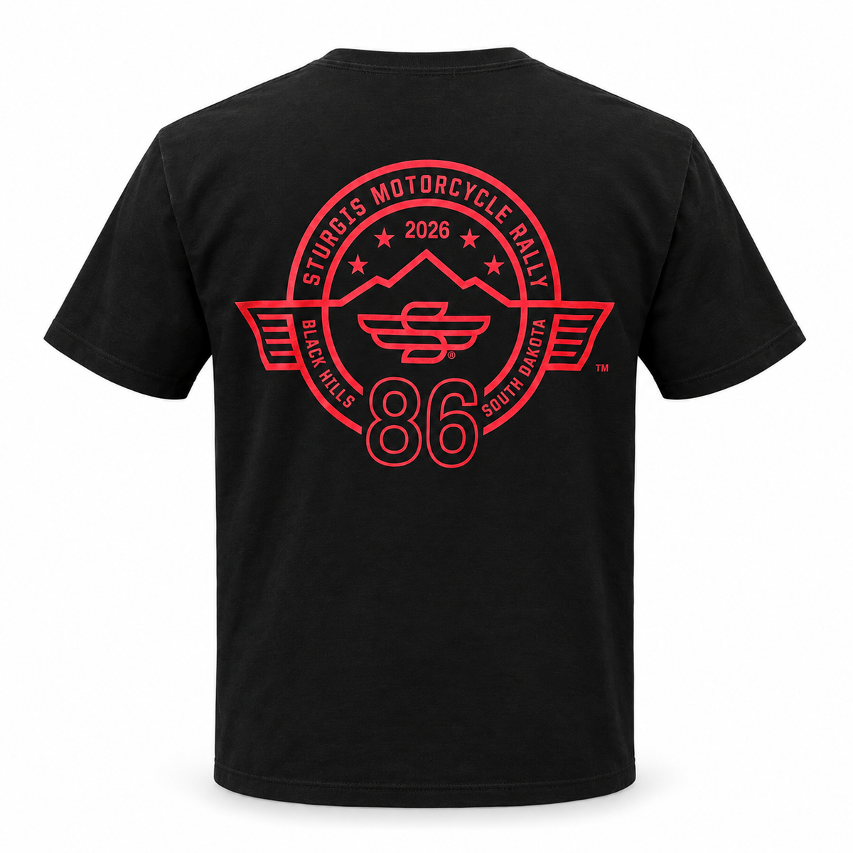 Black Sturgis 2026 official 86th rally T-shirt with large red Winged-S back design
