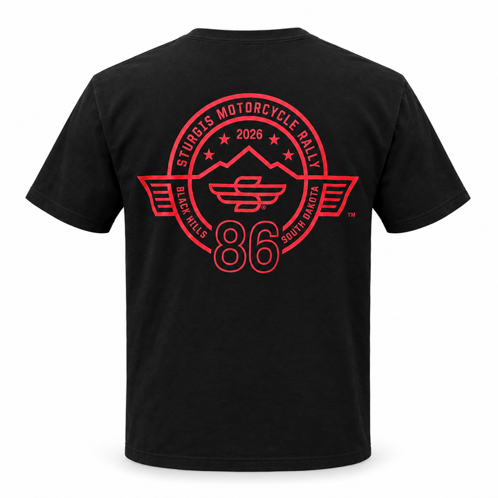 Black Sturgis 2026 official 86th rally T-shirt with large red Winged-S back design