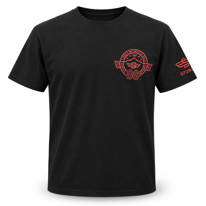 Black Sturgis 2026 official rally T-shirt with small red chest logo and sleeve print