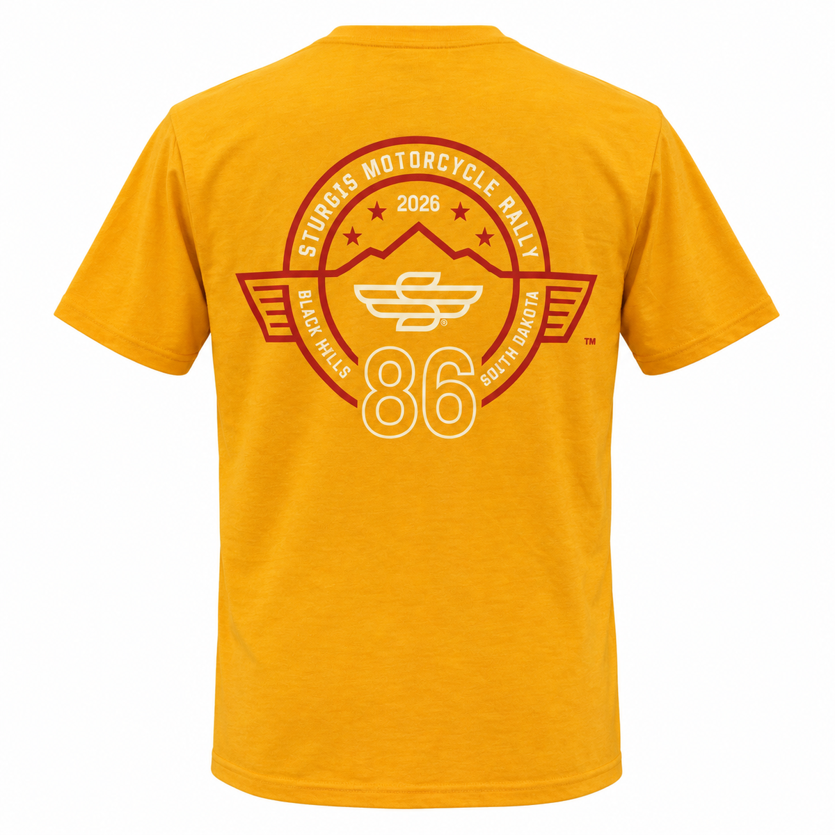 Sturgis 2026 official yellow T-shirt with red Rough Stripe and cream-white Winged-S logo — back view