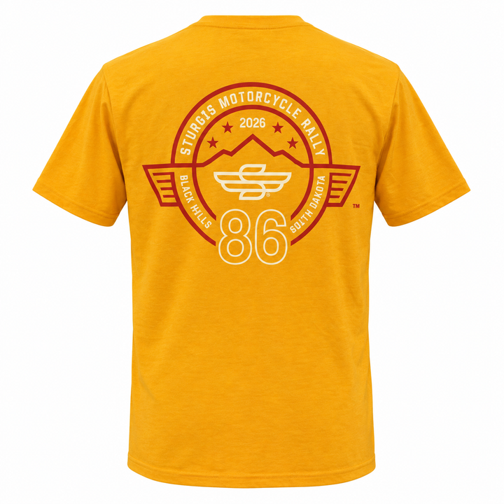 Sturgis 2026 official yellow T-shirt with red Rough Stripe and cream-white Winged-S logo — back view