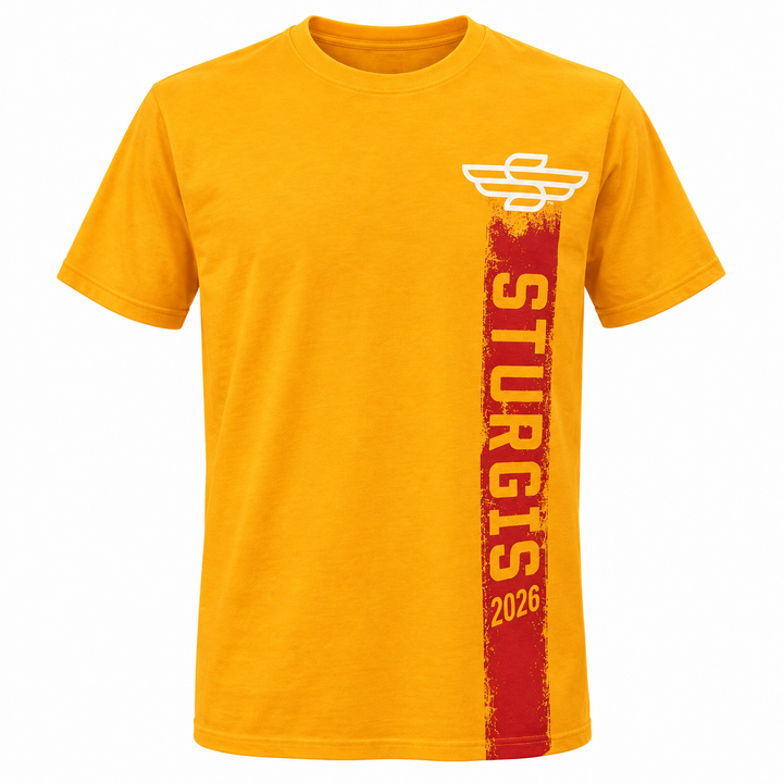 Sturgis 2026 official yellow T-shirt with red Rough Stripe and cream-white Winged-S logo — front view