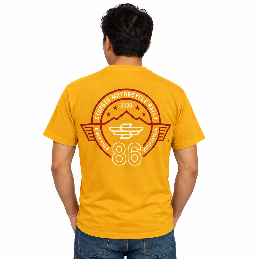 Sturgis 2026 official yellow red Rough Stripe T-shirt — model back view