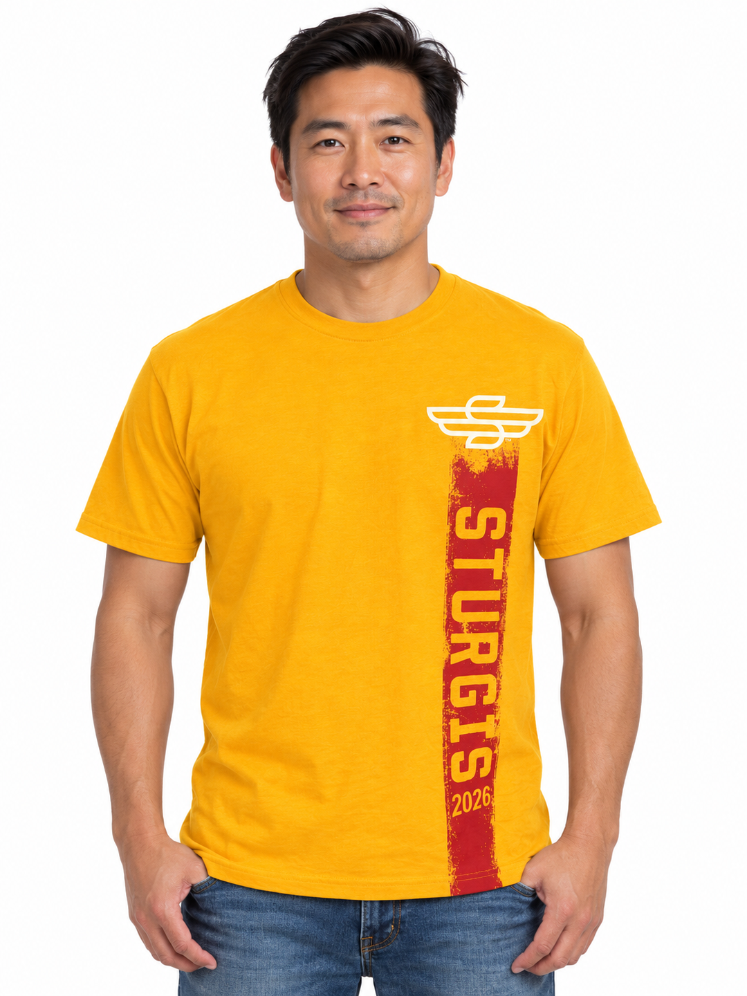 Sturgis 2026 official yellow red Rough Stripe T-shirt — model front view