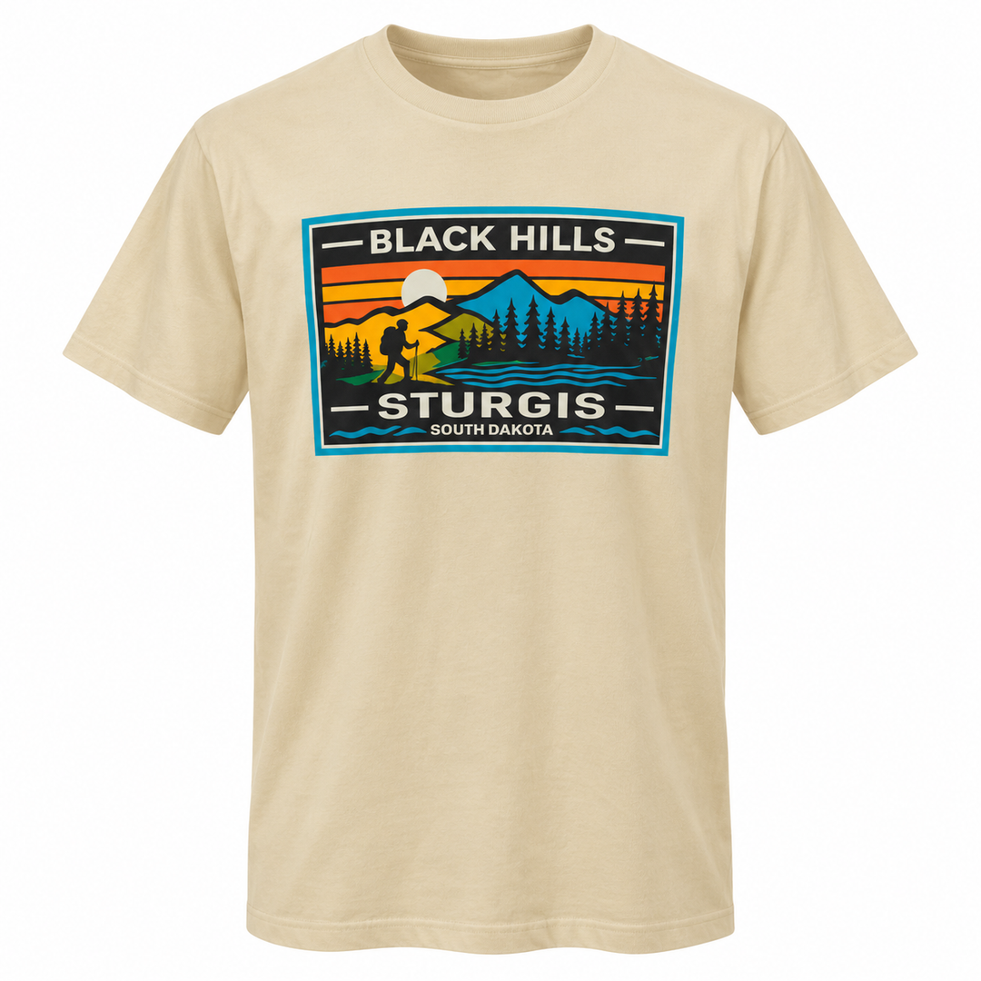 OR cream Sturgis Black Hills Hiking T-shirt front with sunset, backpacker and mountain graphic