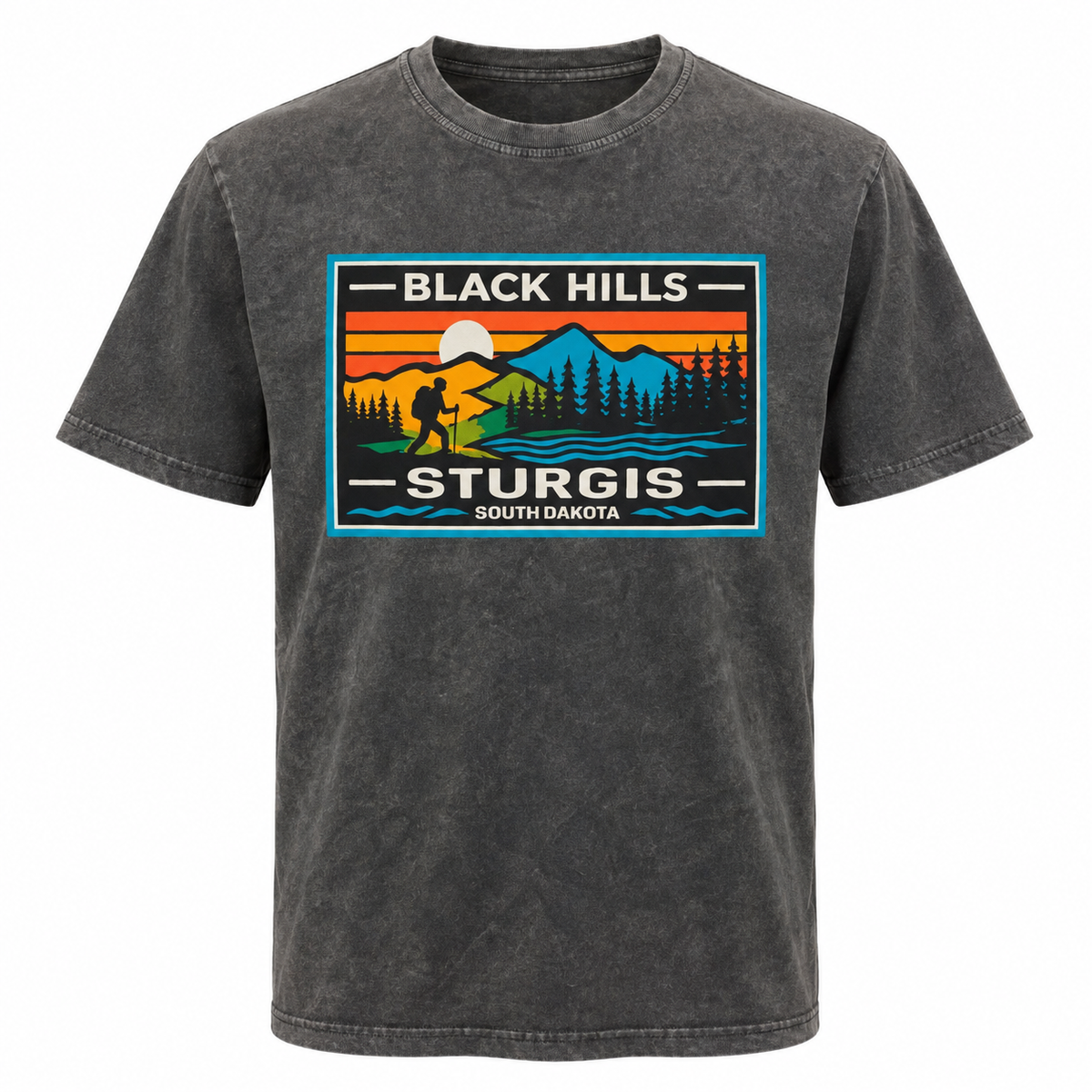 OR washed black Sturgis Black Hills Hiking T-shirt front with sunset, backpacker and mountain graphic