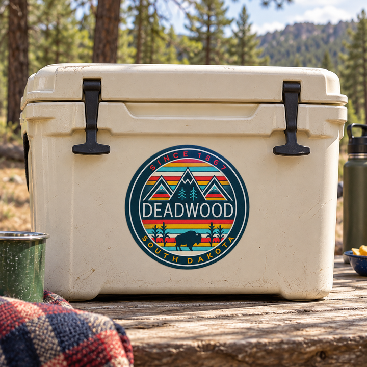 Deadwood Teal Retro Mountains &amp; Bison Round Sticker on a cooler — display mockup