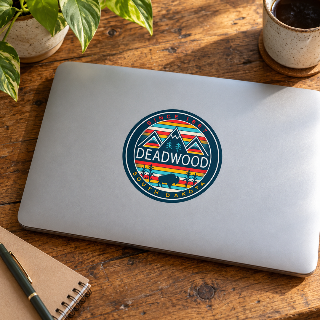 Deadwood Teal Retro Mountains &amp; Bison Round Sticker on a laptop — display mockup
