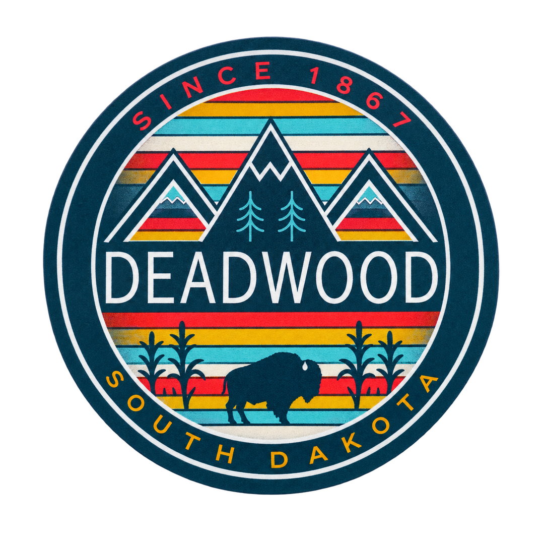 Deadwood Teal Retro Mountains &amp; Bison Round Sticker isolated on transparent background