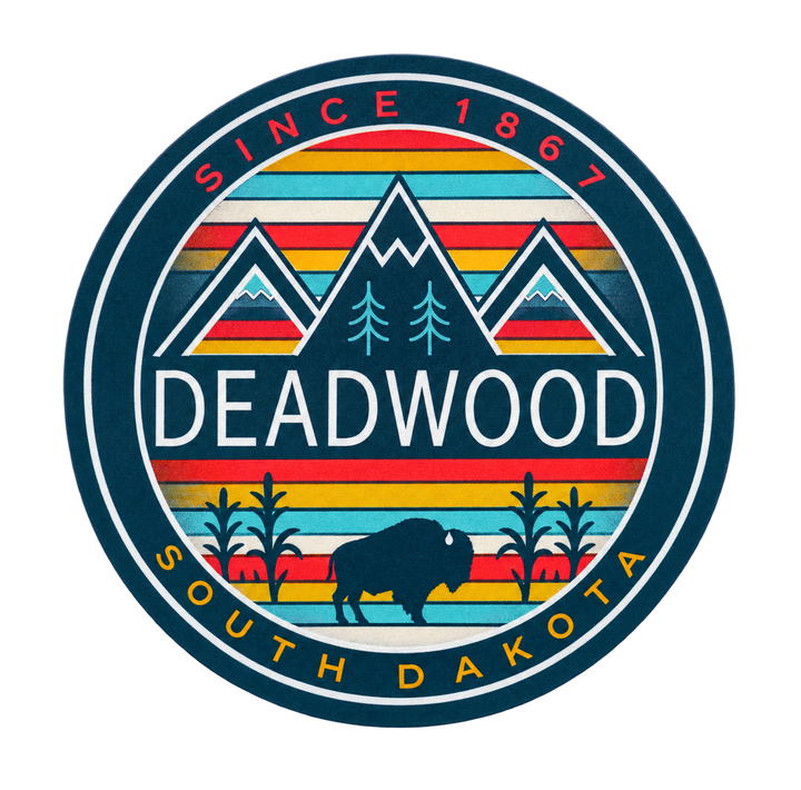 Deadwood Teal Retro Mountains &amp; Bison Round Sticker isolated on transparent background