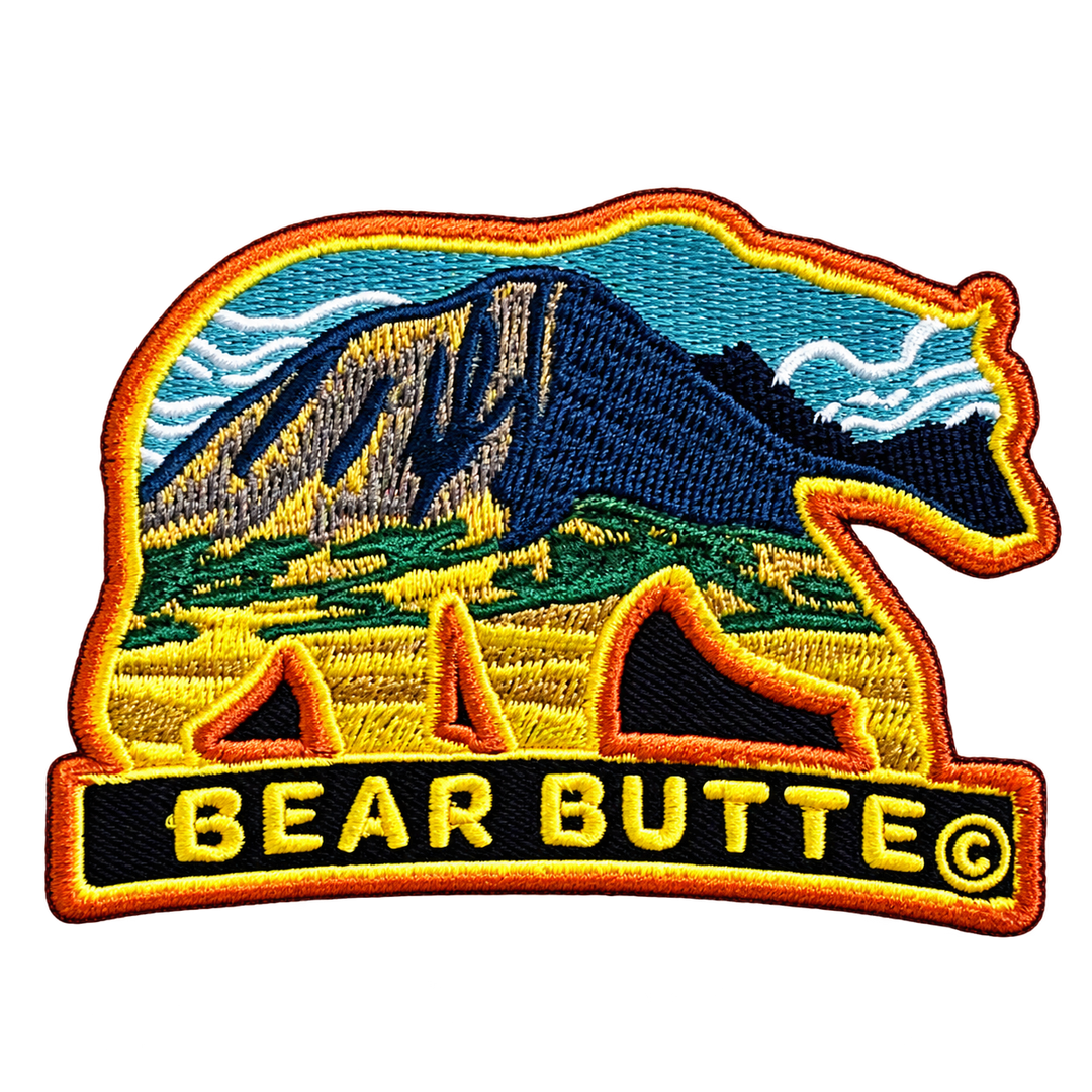 Bear Butte Mountain &amp; Tipis Bear Silhouette Embroidered Patch — patch alone, transparent background