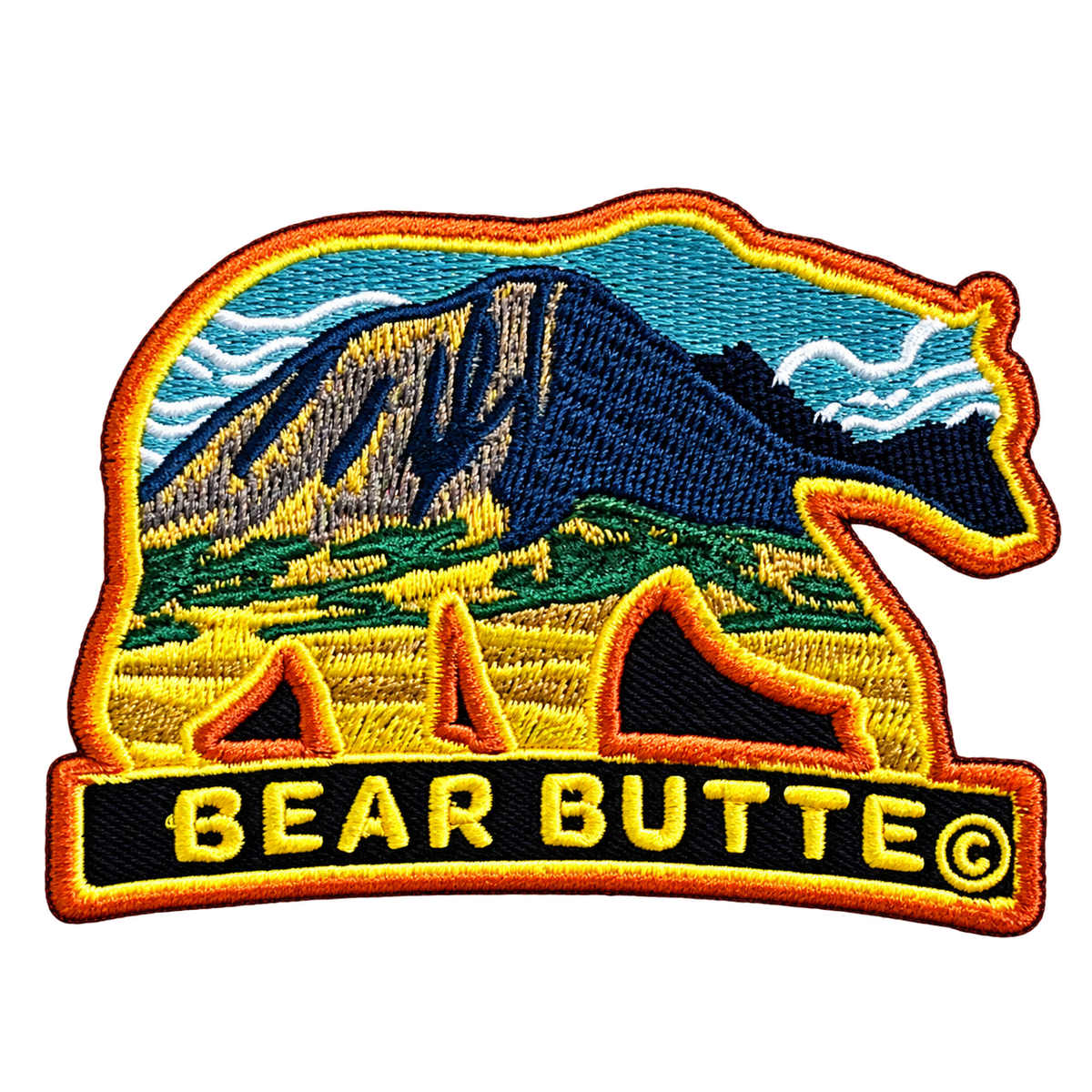 Bear Butte Mountain & Tipis Bear Silhouette Embroidered Patch — patch alone, transparent background