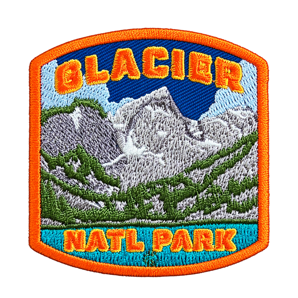 Glacier National Park Orange Border Mountain Embroidered Patch — patch alone, transparent background