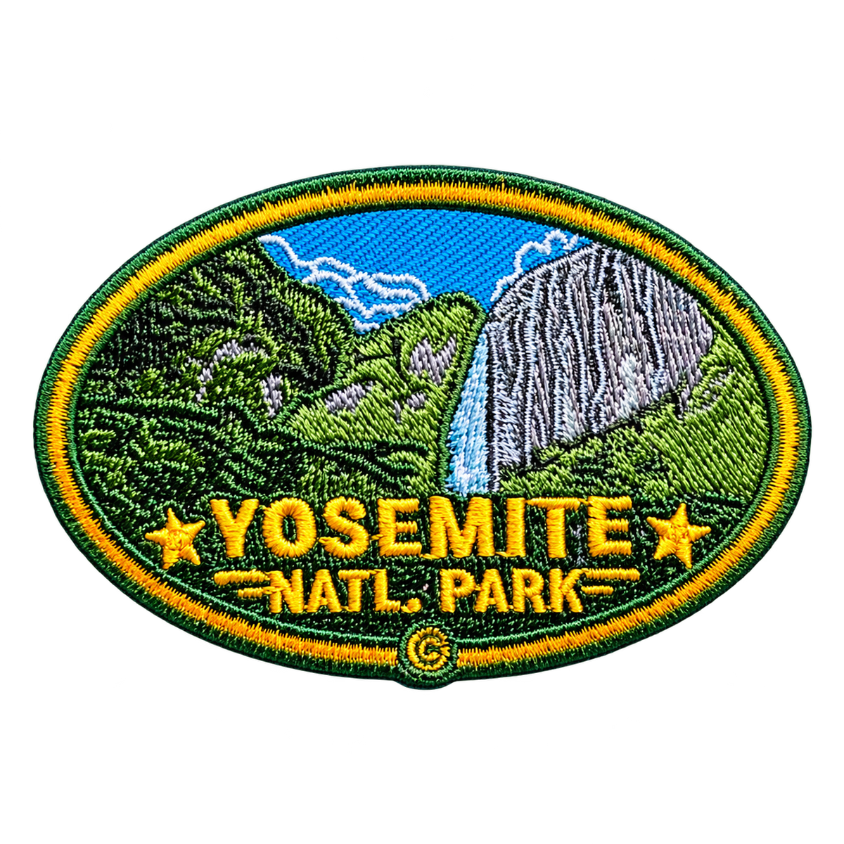 Yosemite National Park Green Border Scenic Oval Embroidered Patch — patch alone, transparent background