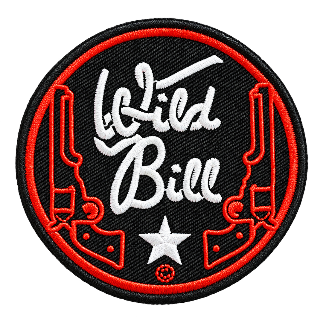 Wild Bill Red Revolvers &amp; White Script Round Embroidered Patch — patch alone, transparent background