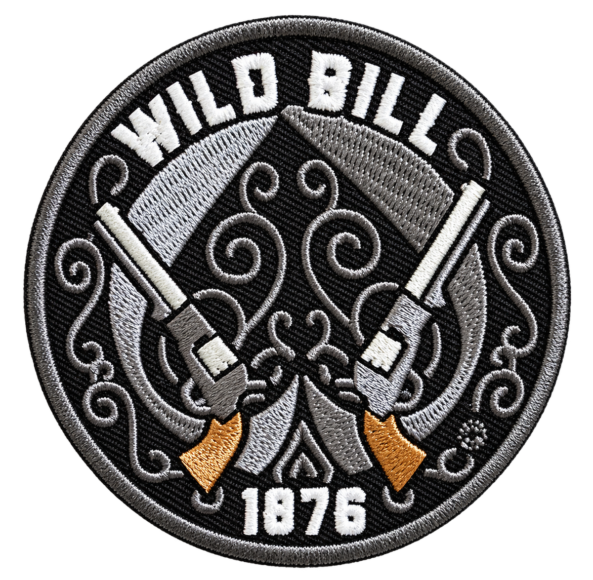 Wild Bill 1876 Silver Crossed Revolvers Round Embroidered Patch — patch only