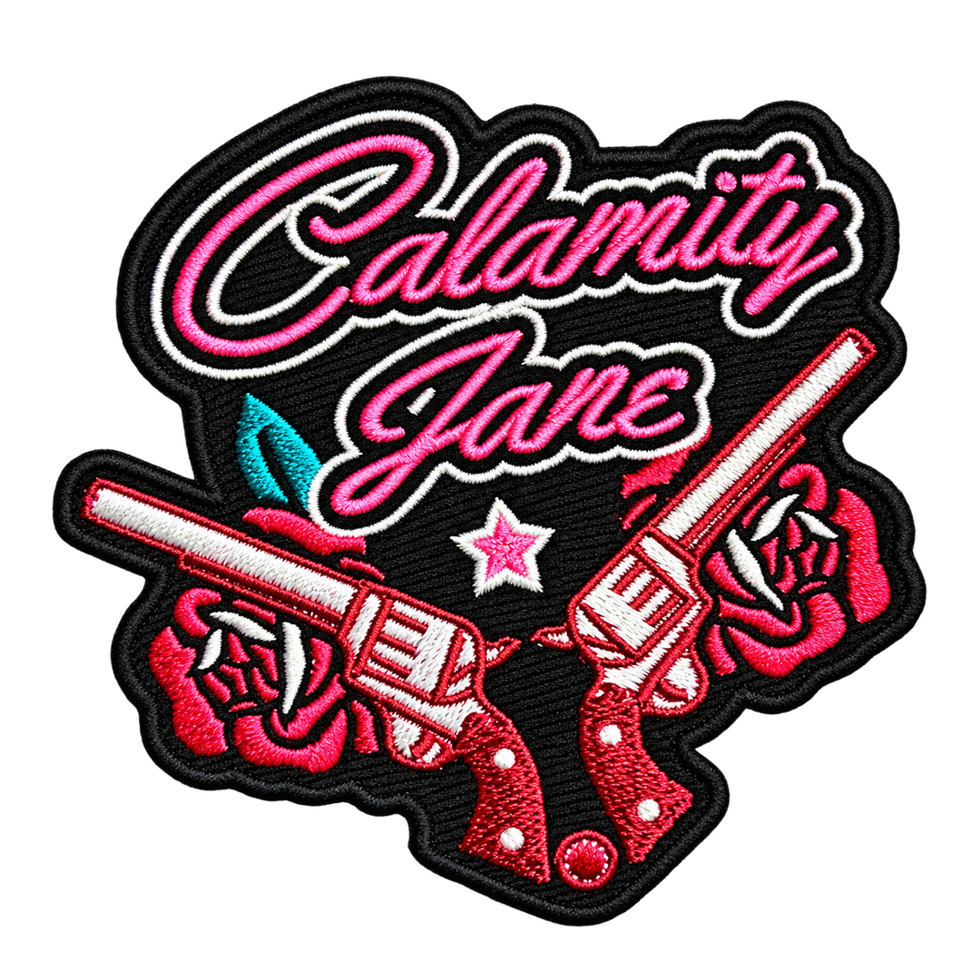 Calamity Jane Pink Script &amp; Crossed Revolvers Embroidered Patch — patch only