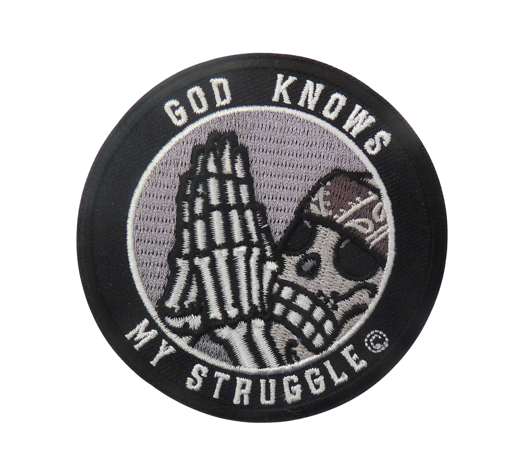 God Knows My Struggle© Embroidered Patch, Skeleton Praying Hands and Skull Design — product image