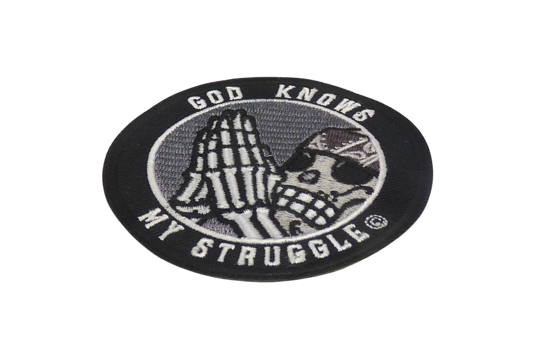 God Knows My Struggle© Embroidered Patch, Skeleton Praying Hands and Skull Design — detail view 1