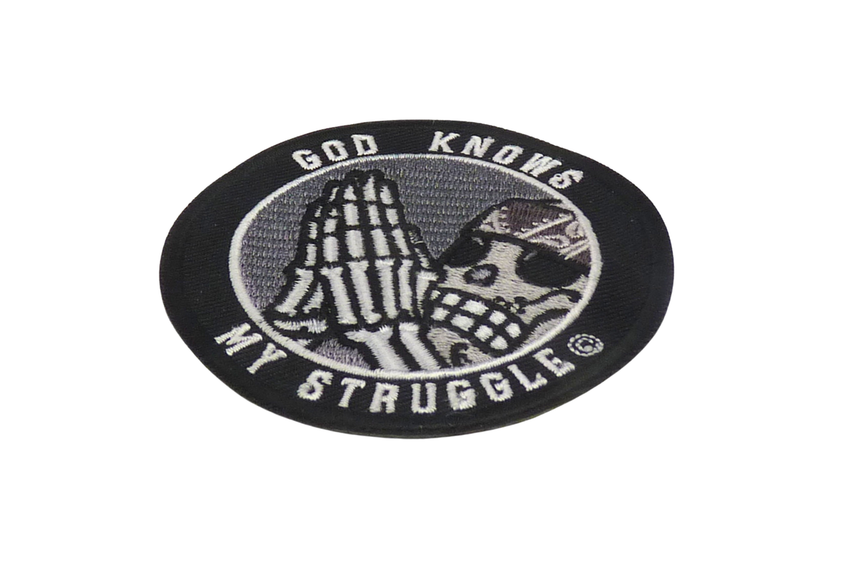 God Knows My Struggle© Embroidered Patch, Skeleton Praying Hands and Skull Design — detail view 1