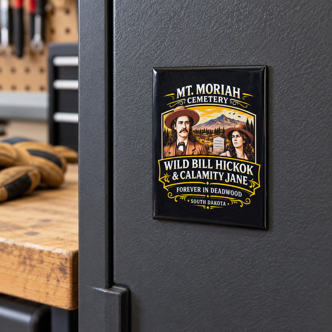 Mt. Moriah Cemetery Magnet – Wild Bill Hickok &amp; Calamity Jane — displayed on a steel garage cabinet