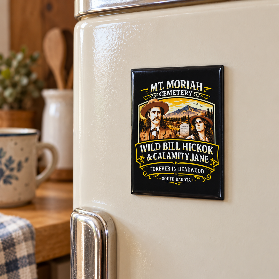 Mt. Moriah Cemetery Magnet – Wild Bill Hickok &amp; Calamity Jane — displayed on a refrigerator