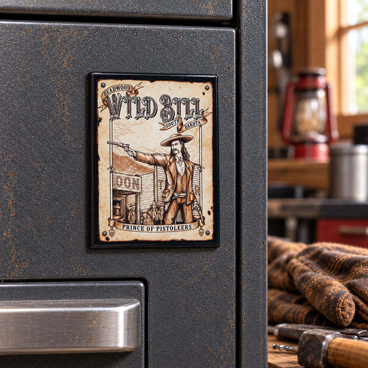 Wild Bill Deadwood souvenir magnet displayed on a metal garage cabinet