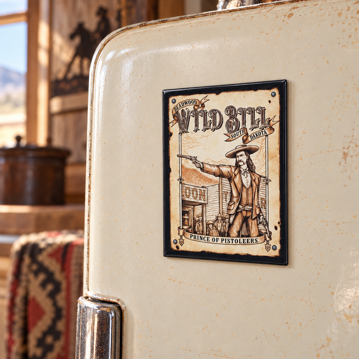 Wild Bill Deadwood souvenir magnet on a vintage cream refrigerator