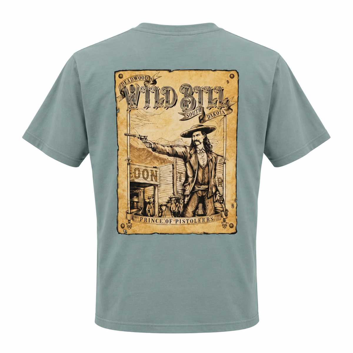 Sage green Wild Bill Hickok Deadwood Prince of Pistoleers T-shirt, back view
