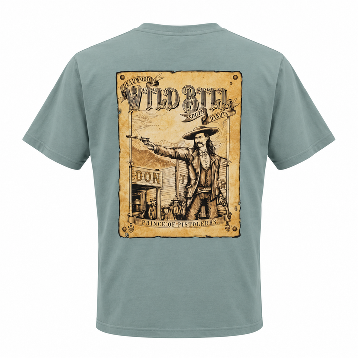 Sage green Wild Bill Hickok Deadwood Prince of Pistoleers T-shirt, back view
