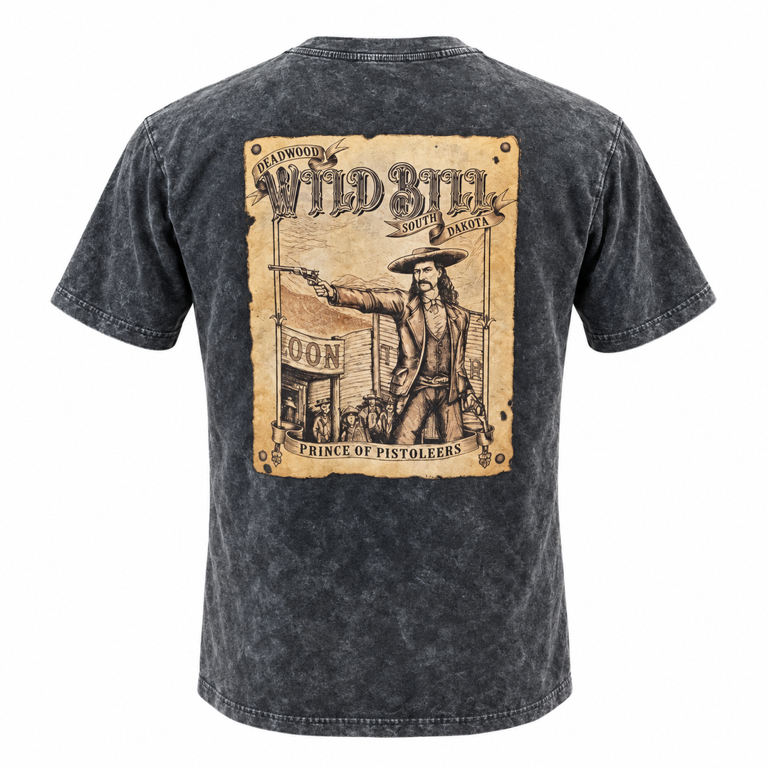 Washed black Wild Bill Hickok Deadwood Prince of Pistoleers T-shirt, back view