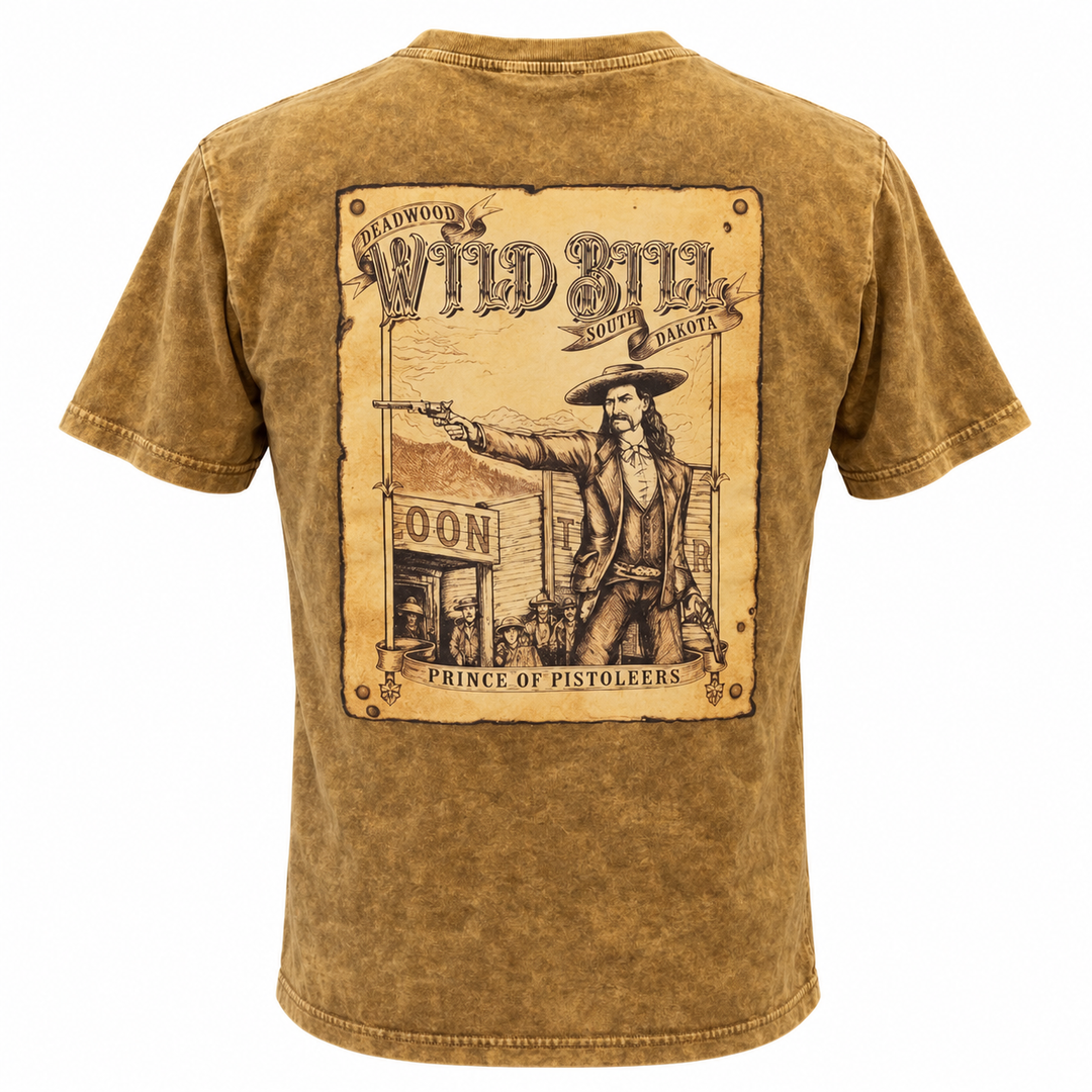 Washed brown Wild Bill Hickok Deadwood Prince of Pistoleers T-shirt, back view