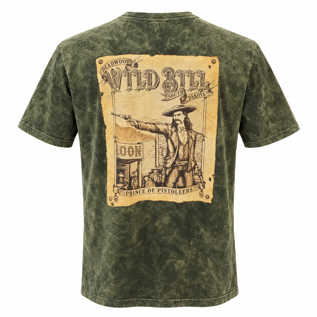 Washed green Wild Bill Hickok Deadwood Prince of Pistoleers T-shirt, back view